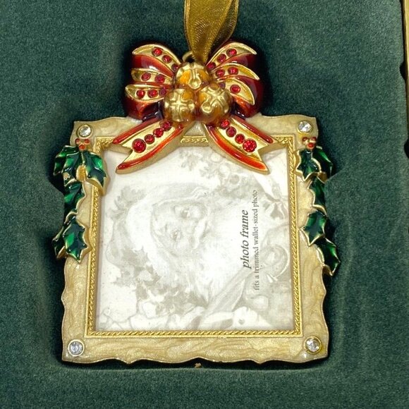 Costco Jeweled Gold Tone Picture Frame Square Ornament Red Bow Ivy Christmas - Picture 2 of 6